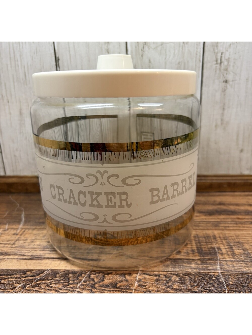 Vintage Pyrex The Cracker Barrel Glass Jar Canister Storage Container Lid Gold
